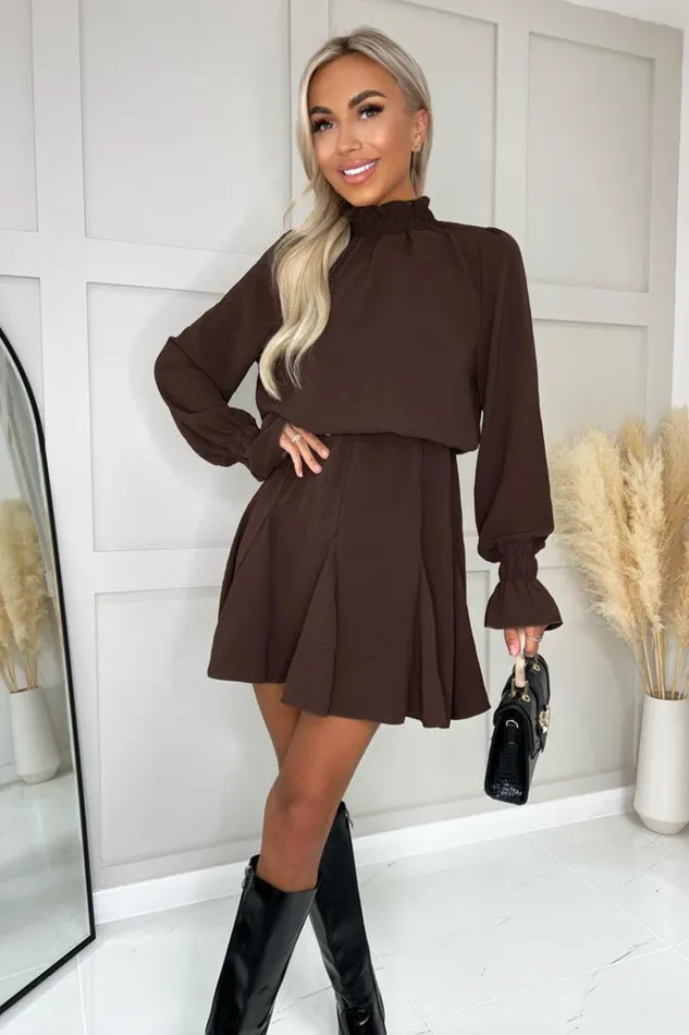 AX Paris Chocolate High Neck Shirred Detail Skater Dress Women Dresses