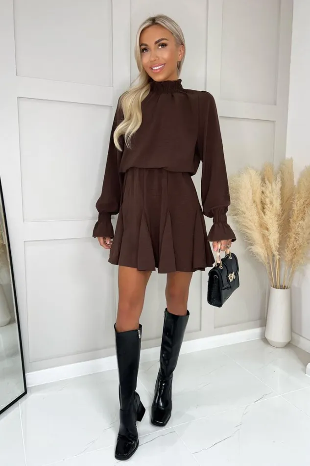 AX Paris Chocolate High Neck Shirred Detail Skater Dress Women Dresses