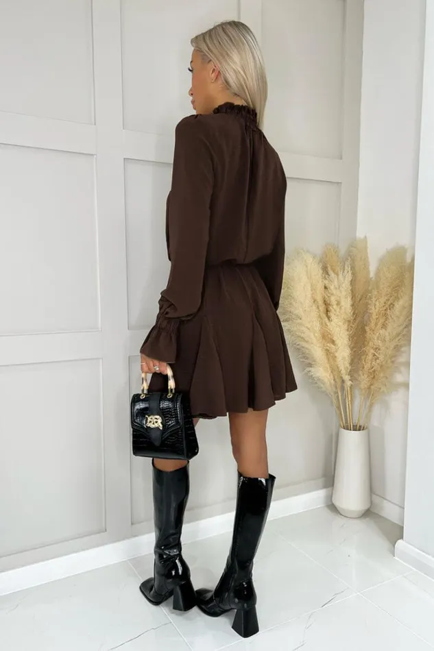AX Paris Chocolate High Neck Shirred Detail Skater Dress Women Dresses