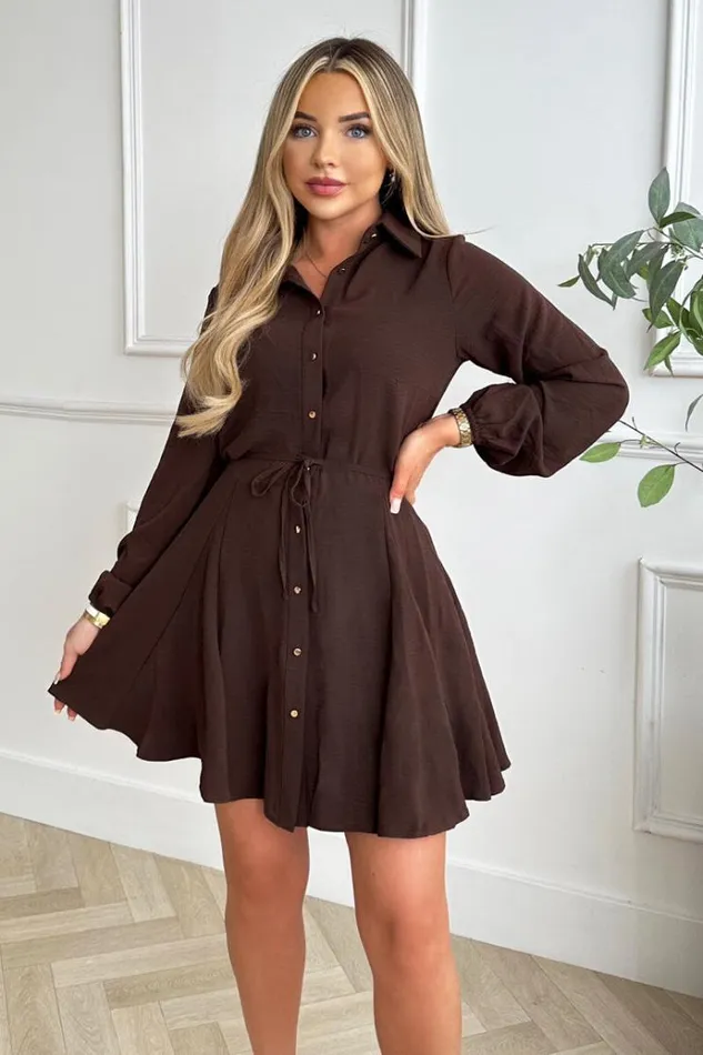 AX Paris Chocolate Long Sleeve Button Front Skater Shirt Dress Women Dresses