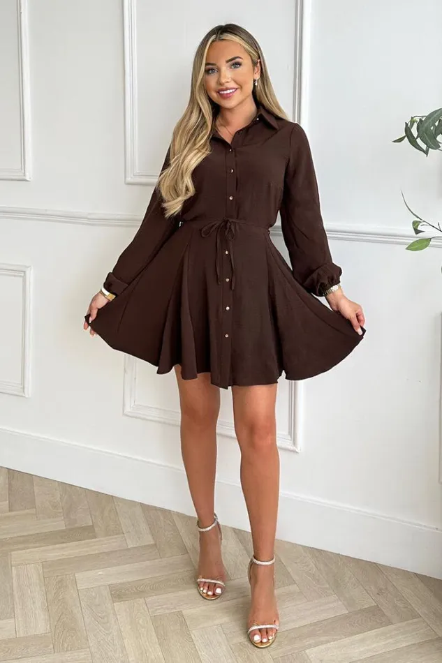 AX Paris Chocolate Long Sleeve Button Front Skater Shirt Dress Women Dresses