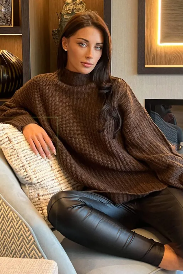AX Paris Chocolate Mock Neck Oversized Knit Jumper Women Tops