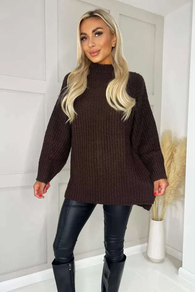 AX Paris Chocolate Mock Neck Oversized Knit Jumper Women Tops