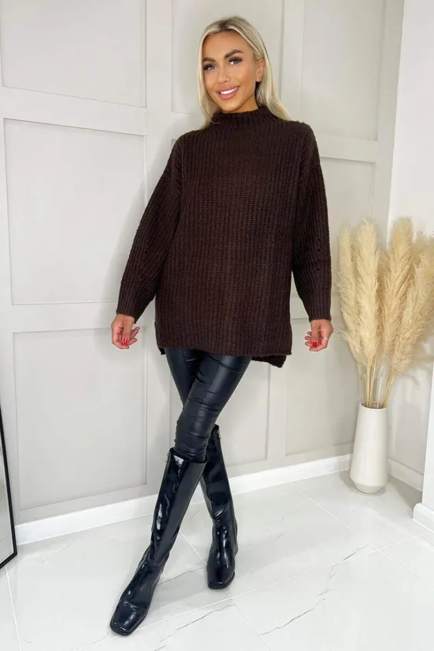 AX Paris Chocolate Mock Neck Oversized Knit Jumper Women Tops