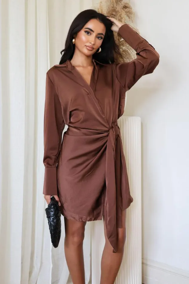 AX Paris Chocolate Satin Wrap Long Sleeve Mini Dress Women Dresses