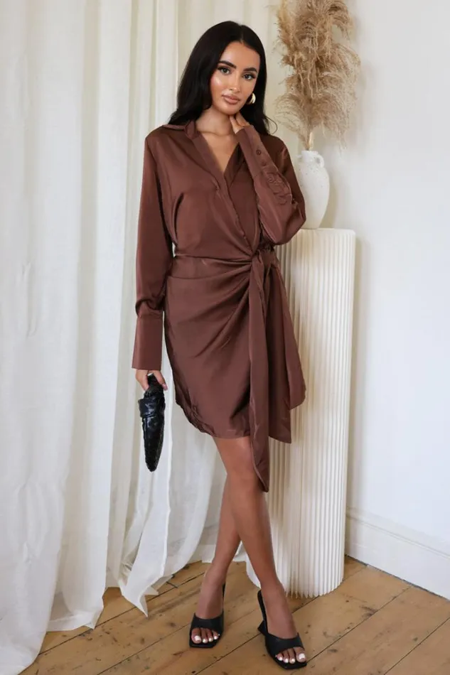 AX Paris Chocolate Satin Wrap Long Sleeve Mini Dress Women Dresses