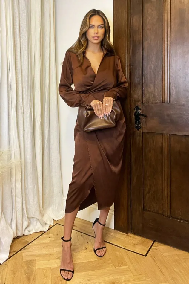 AX Paris Chocolate Satin Wrap Shirt Midi Dress Women Dresses
