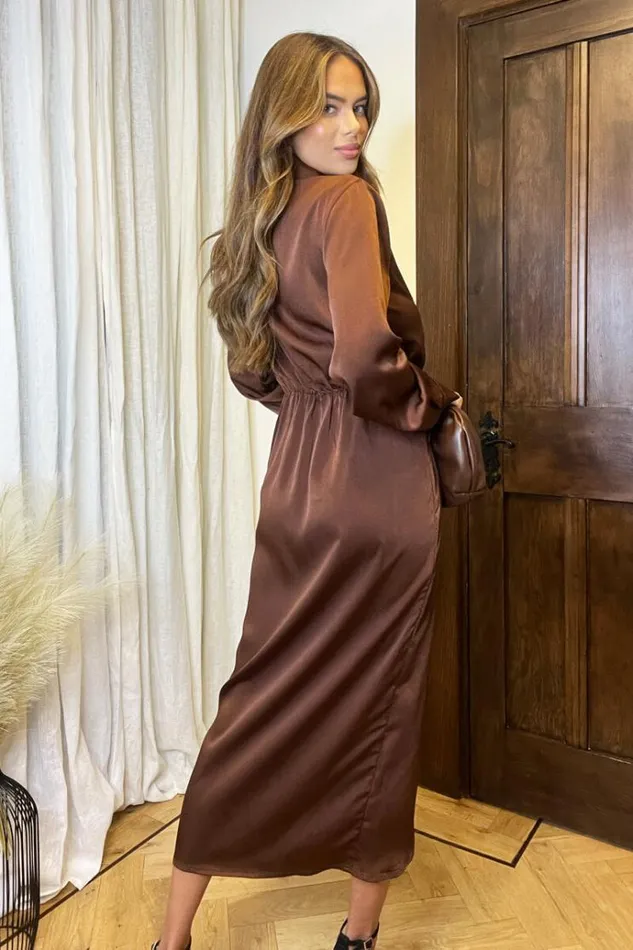 AX Paris Chocolate Satin Wrap Shirt Midi Dress Women Dresses
