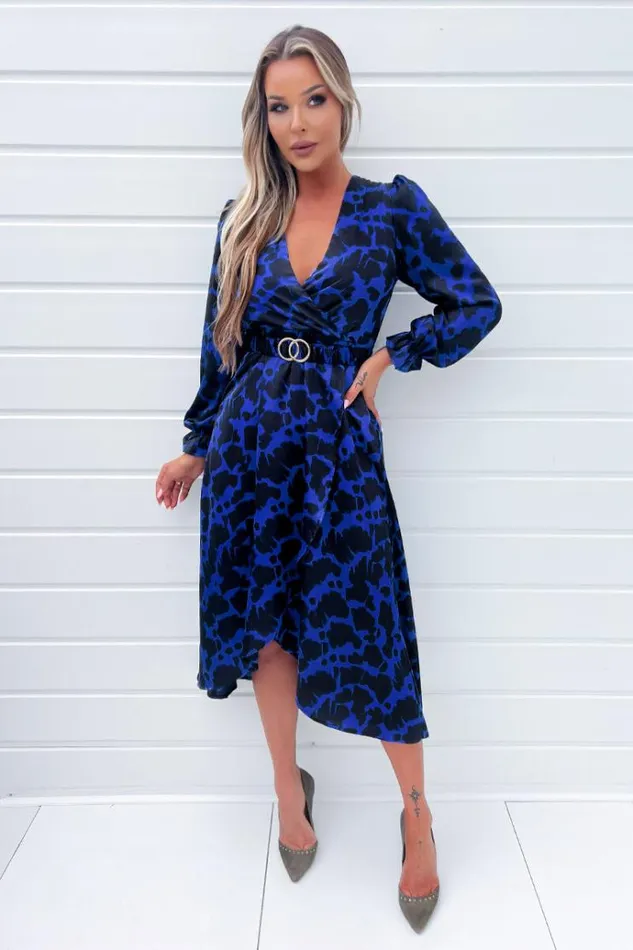 AX Paris Cobalt And Black Print Long Sleeve Belted Wrap Midi Dress Women Dresses