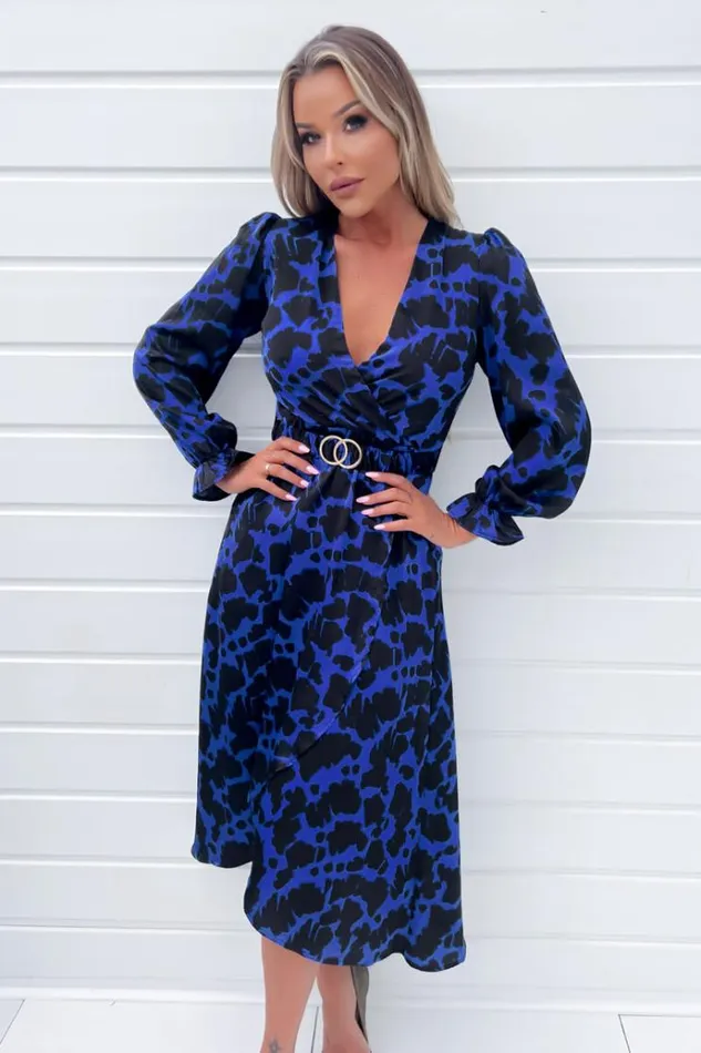 AX Paris Cobalt And Black Print Long Sleeve Belted Wrap Midi Dress Women Dresses