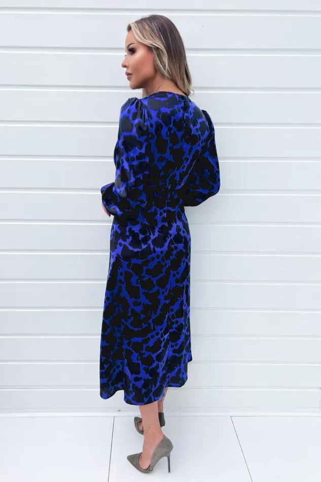AX Paris Cobalt And Black Print Long Sleeve Belted Wrap Midi Dress Women Dresses