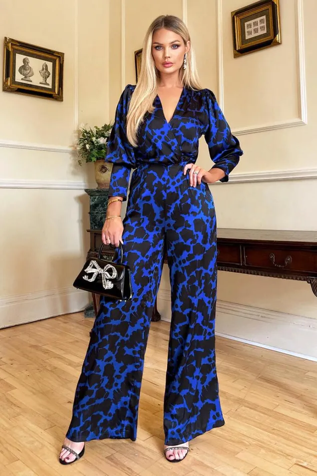 AX Paris Cobalt And Black Print Wrap Top Jumpsuit Women Jumpsuits And Playsuits AX Paris Cobalt And Black Print Wrap Top Jumpsuit Women Jumpsuits And Playsuits