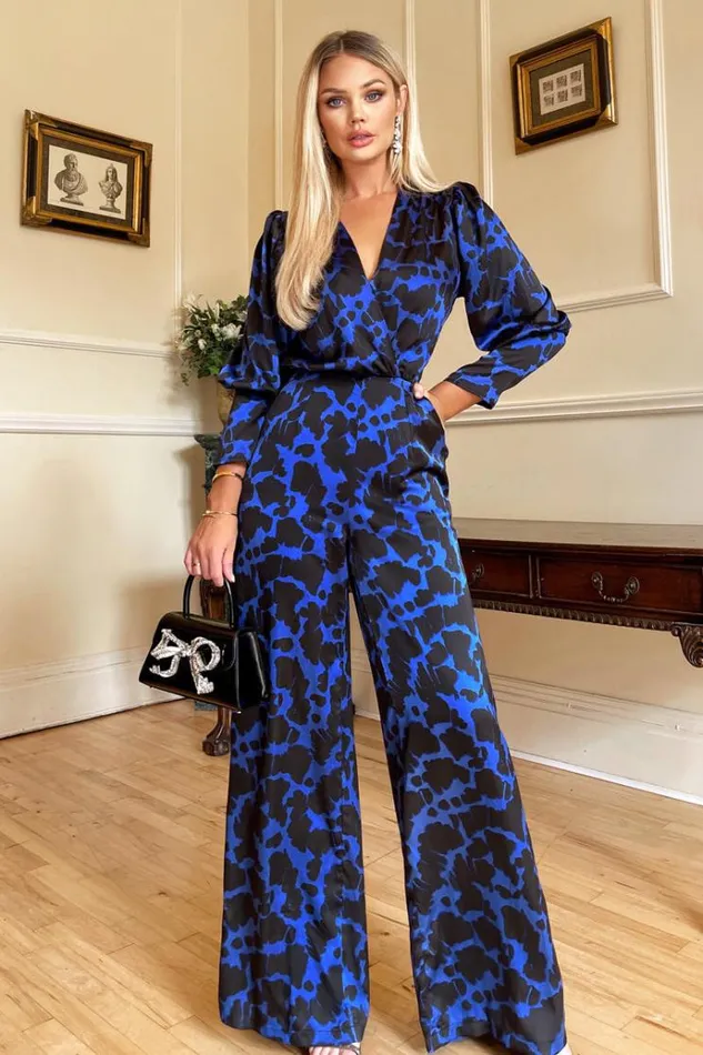 AX Paris Cobalt And Black Print Wrap Top Jumpsuit Women Jumpsuits And Playsuits