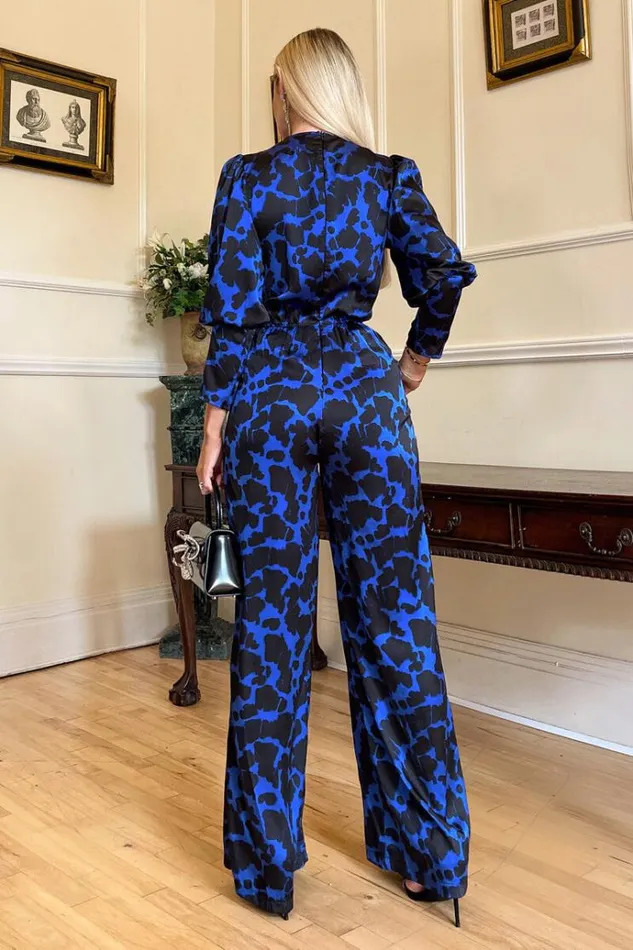 AX Paris Cobalt And Black Print Wrap Top Jumpsuit Women Jumpsuits And Playsuits