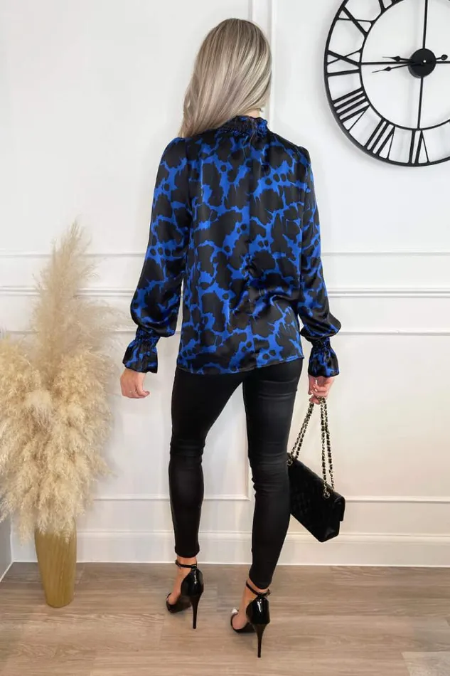 AX Paris Cobalt And Black Printed Shirred High Neck Long Sleeve Top Women Tops