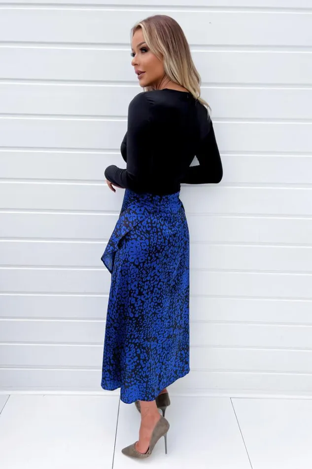 AX Paris Cobalt Animal Print 2 In 1 Double Frill Split Midi Dress Women Dresses