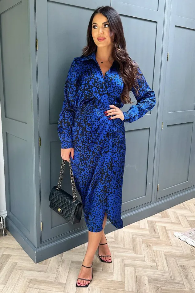 AX Paris Cobalt Animal Print Collared Midi Dress Women Dresses