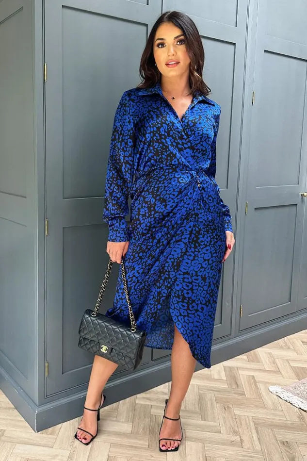 AX Paris Cobalt Animal Print Collared Midi Dress Women Dresses