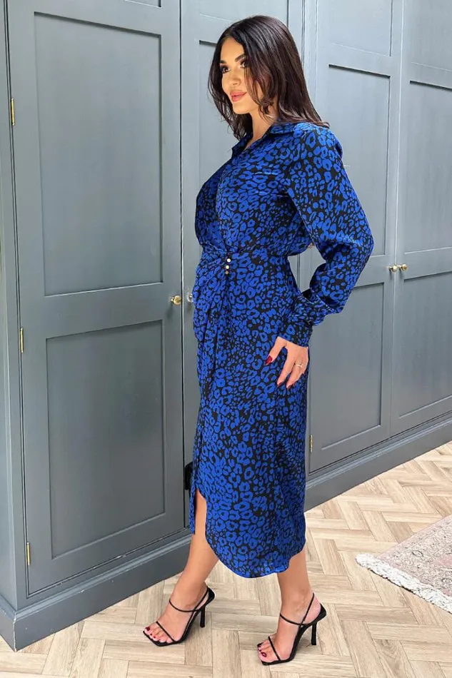 AX Paris Cobalt Animal Print Collared Midi Dress Women Dresses