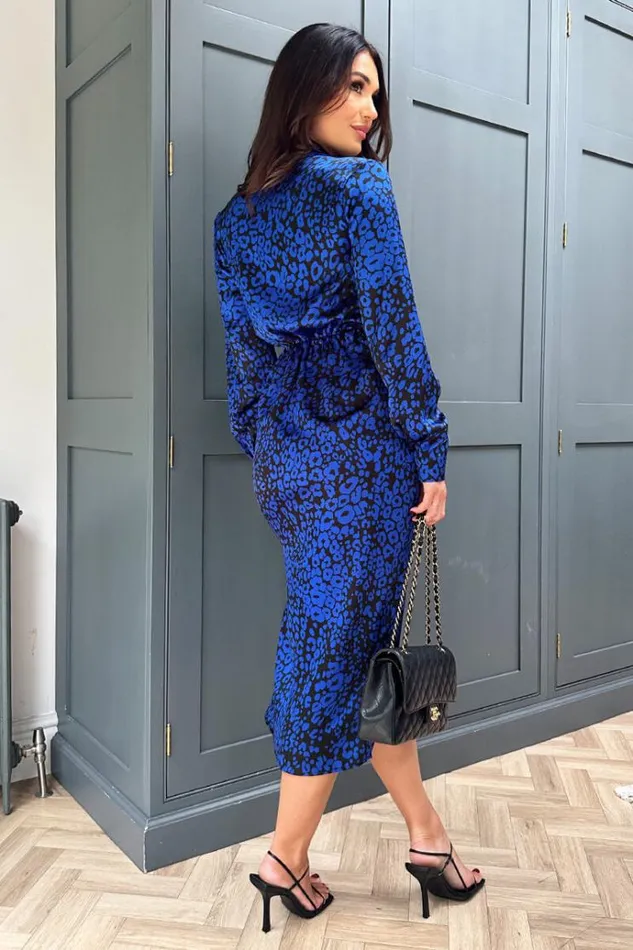 AX Paris Cobalt Animal Print Collared Midi Dress Women Dresses