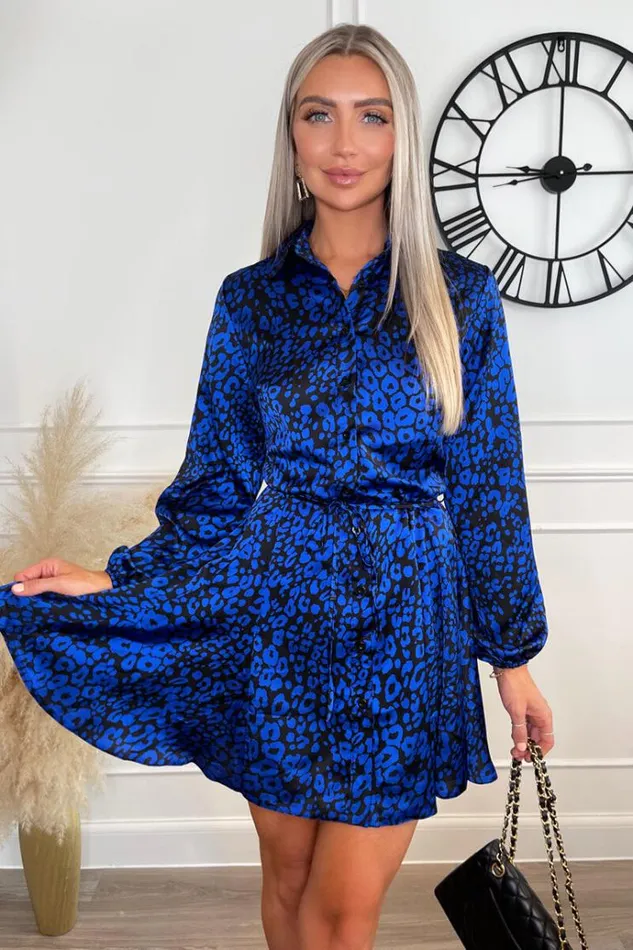 AX Paris Cobalt Animal Print Long Sleeve Tie Waist Collared Skater Dress Women Dresses AX Paris Cobalt Animal Print Long Sleeve Tie Waist Collared Skater Dress Women Dresses