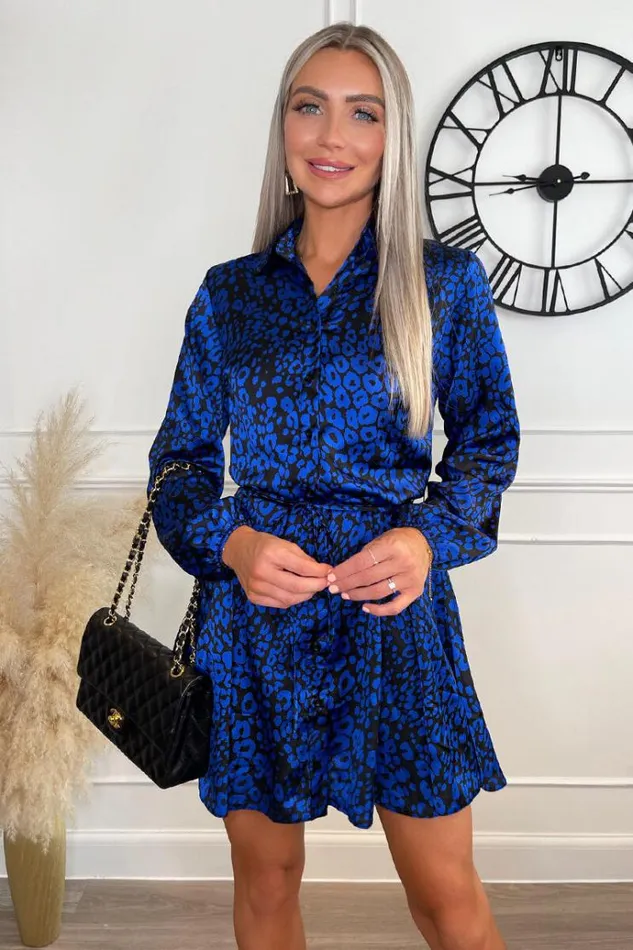 AX Paris Cobalt Animal Print Long Sleeve Tie Waist Collared Skater Dress Women Dresses