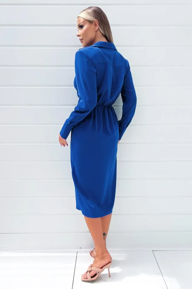 AX Paris Cobalt Blue Long Sleeve Midi Dress With Shoulder Pads Women Dresses
