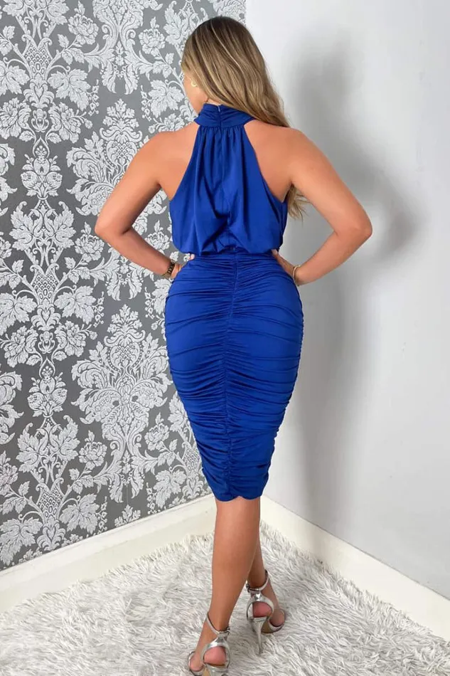 AX Paris Cobalt Blue Ruched High Neck Midi Dress Women Dresses