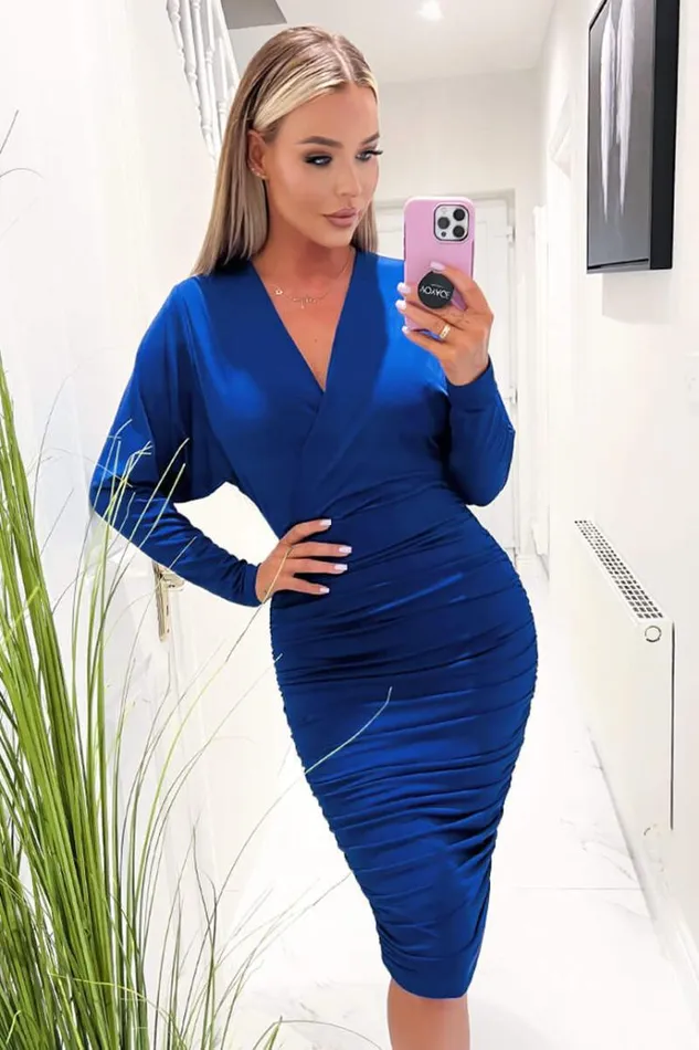 AX Paris Cobalt Blue Ruched Wrap Top Midi Dress Women Dresses