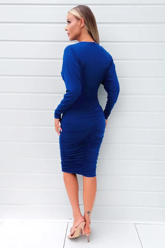 AX Paris Cobalt Blue Ruched Wrap Top Midi Dress Women Dresses