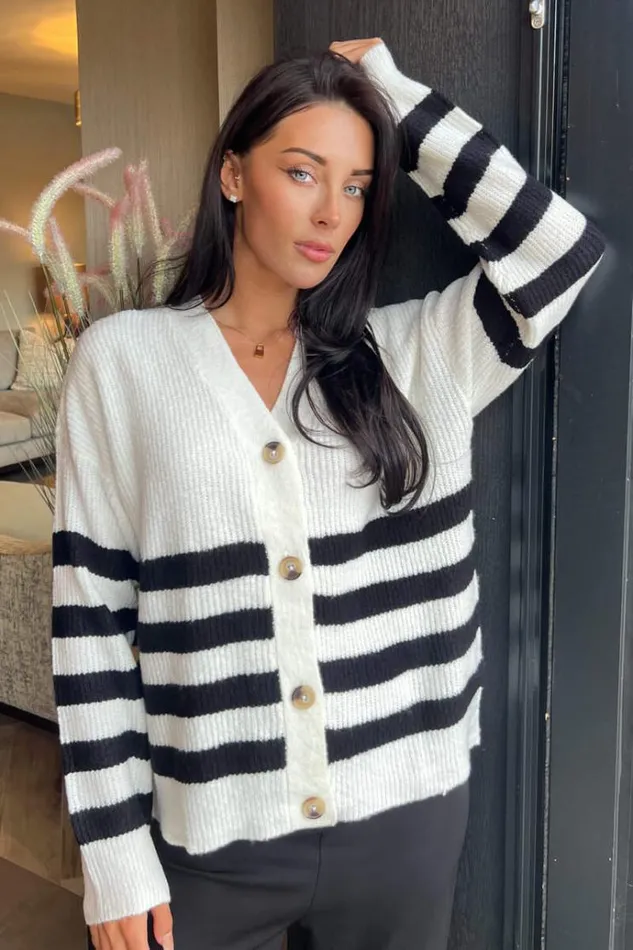 AX Paris Cream And Black Stripe Knit Button Front Cardigan Women Tops