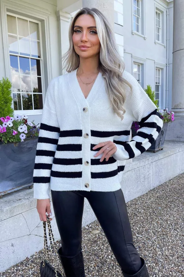 AX Paris Cream And Black Stripe Knit Button Front Cardigan Women Tops