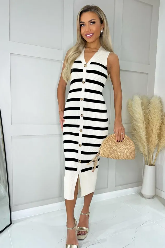 AX Paris Cream And Black Striped Button Front Ribbed Midi Dress Women Dresses