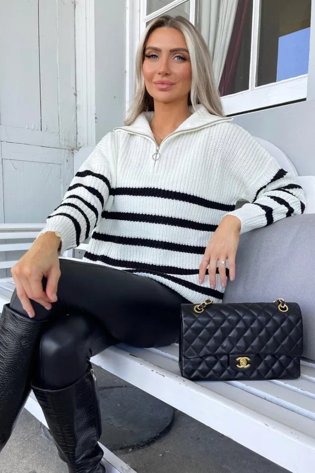 AX Paris Cream And Black Zip Front Striped Knitted Jumper Women Knitwear