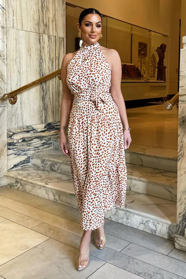 AX Paris Cream And Brown Print High Neck Tie Belt Midi Dress Women Dresses