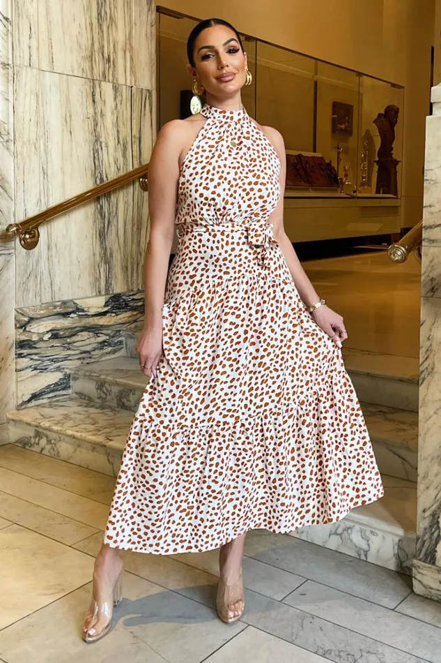AX Paris Cream And Brown Print High Neck Tie Belt Midi Dress Women Dresses