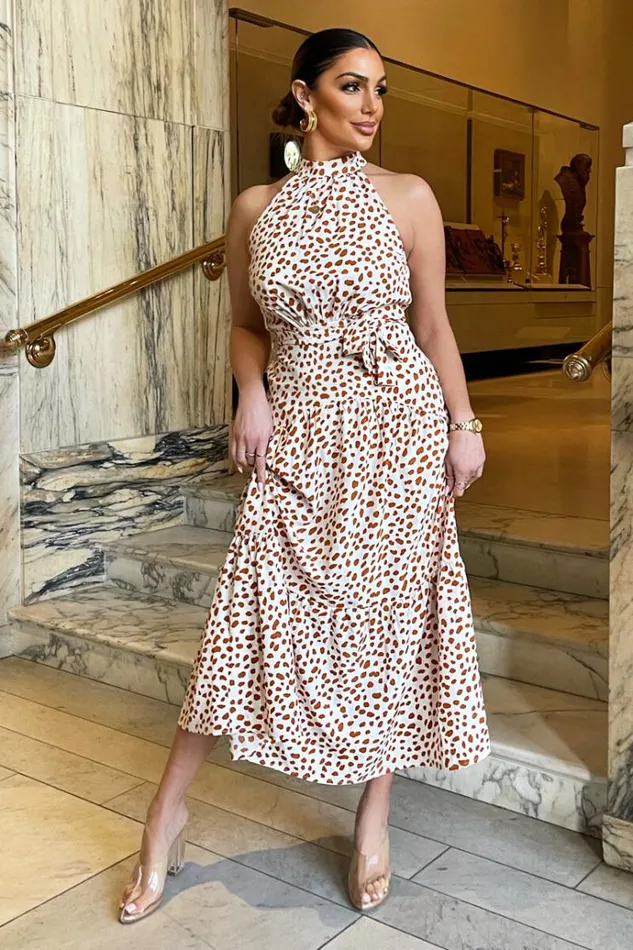 AX Paris Cream And Brown Print High Neck Tie Belt Midi Dress Women Dresses