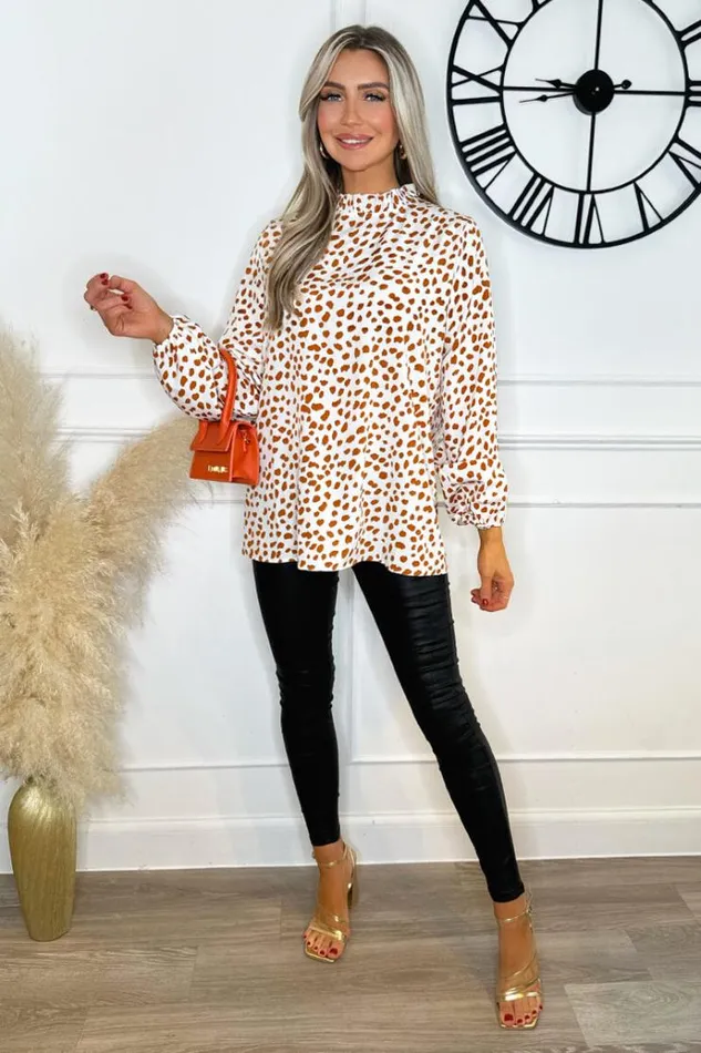 AX Paris Cream And Brown Print Ruffle Neck Top Women Tops