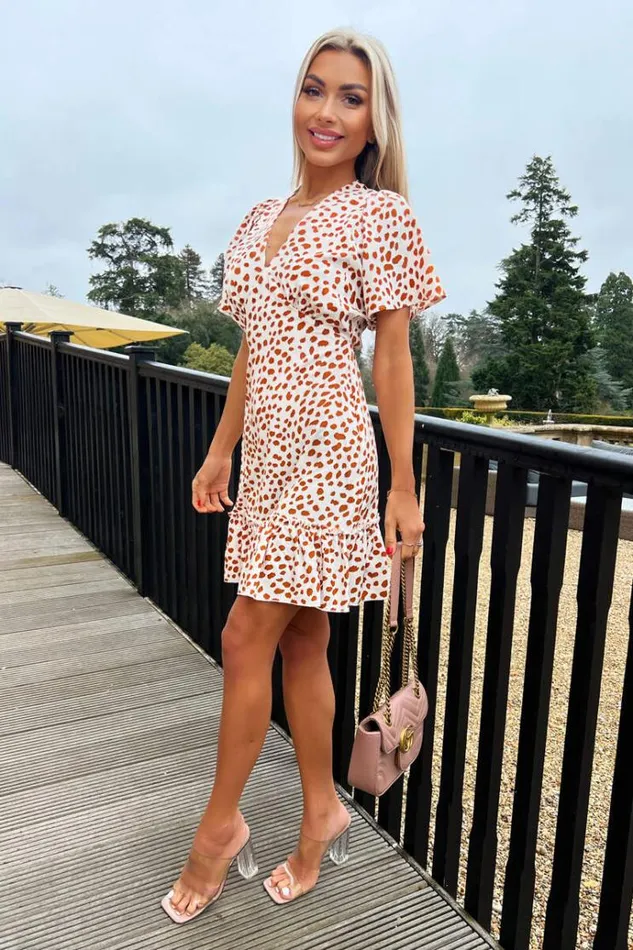 AX Paris Cream And Brown Printed Short Sleeve V Neck Mini Dress Women Dresses