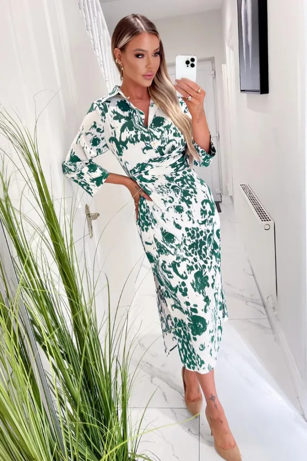AX Paris Cream And Green Printed Button Up Top Midi Dress Women Dresses