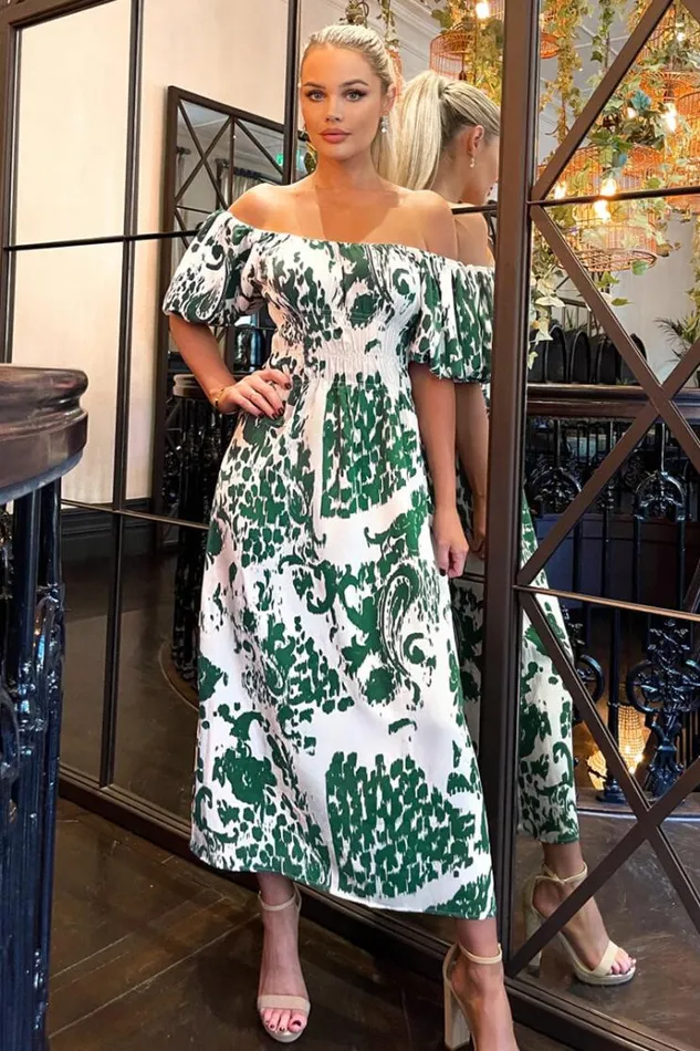AX Paris Cream And Green Printed Elasticated Waist Bardot Midi Dress Women Dresses AX Paris Cream And Green Printed Elasticated Waist Bardot Midi Dress Women Dresses