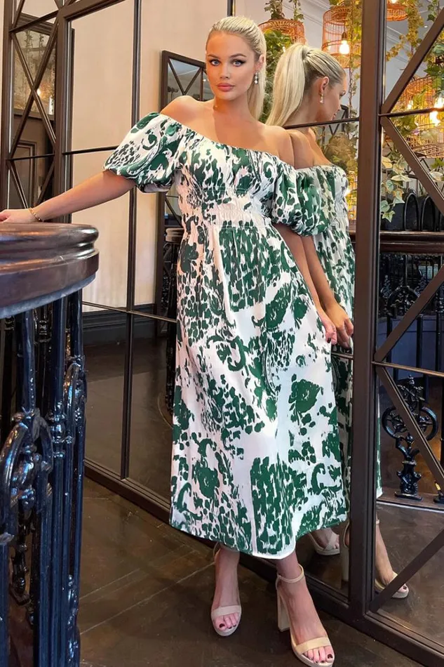 AX Paris Cream And Green Printed Elasticated Waist Bardot Midi Dress Women Dresses