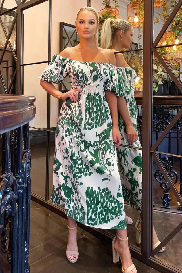 AX Paris Cream And Green Printed Elasticated Waist Bardot Midi Dress Women Dresses