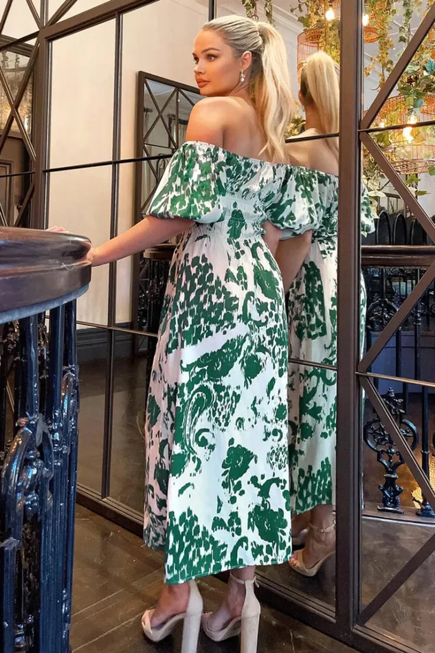 AX Paris Cream And Green Printed Elasticated Waist Bardot Midi Dress Women Dresses
