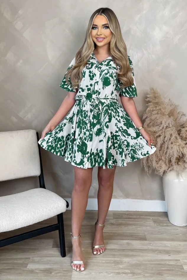 AX Paris Cream And Green Printed Tie Waist Short Sleeve Button Up Mini Skater Dress Women Dresses