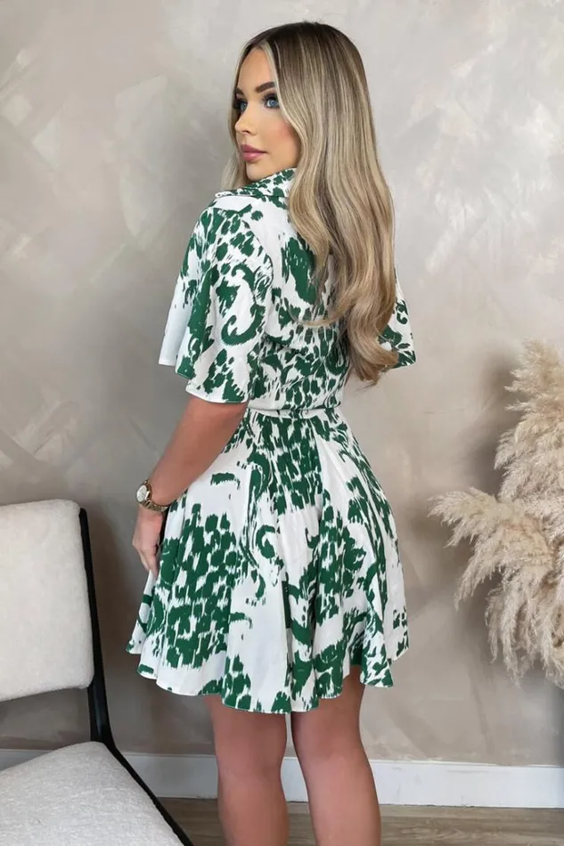 AX Paris Cream And Green Printed Tie Waist Short Sleeve Button Up Mini Skater Dress Women Dresses