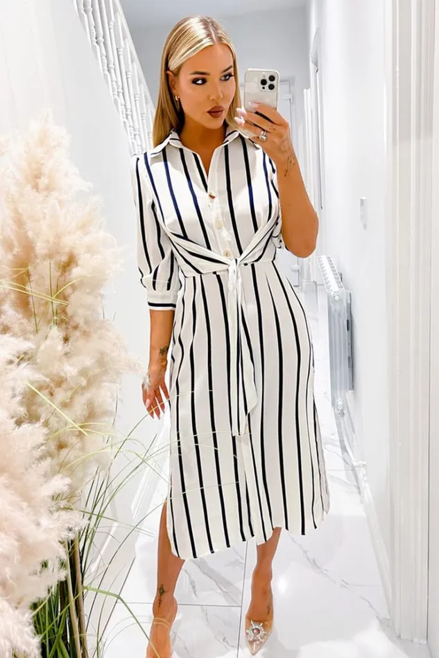 AX Paris Cream And Navy Striped Button Up 34 Sleeve Midi Dress Women Dresses