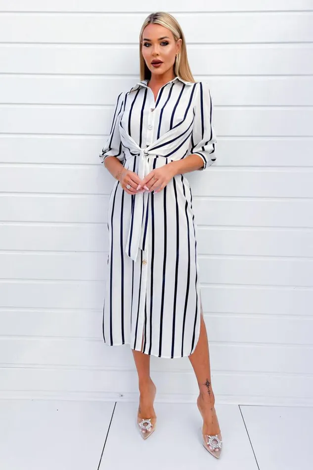 AX Paris Cream And Navy Striped Button Up 34 Sleeve Midi Dress Women Dresses