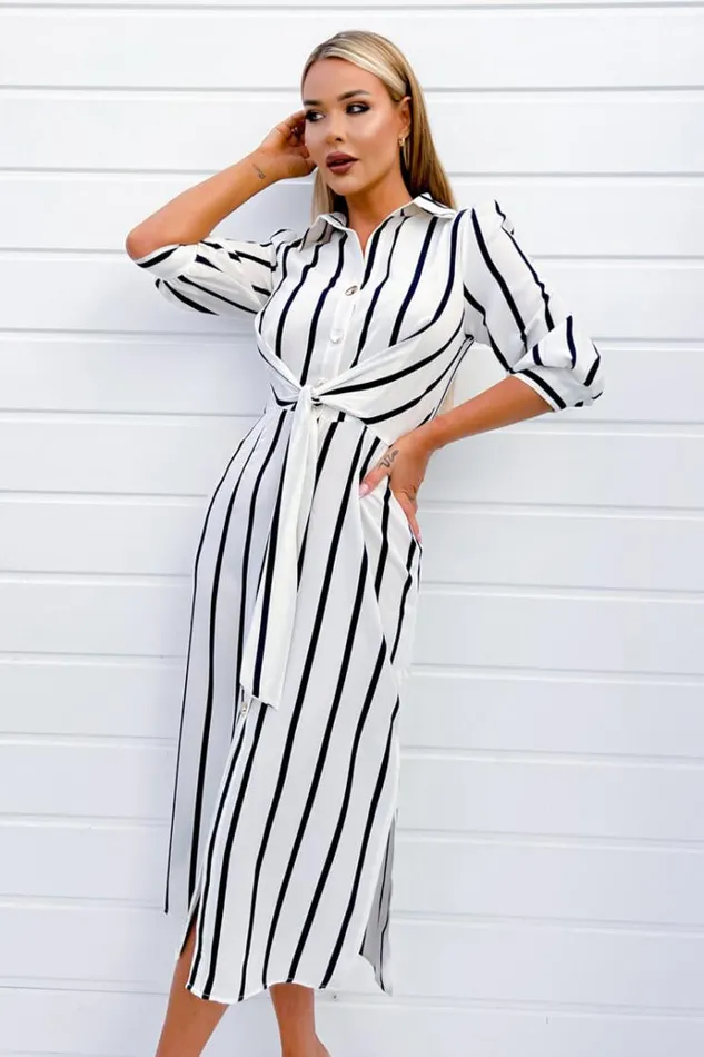 AX Paris Cream And Navy Striped Button Up 34 Sleeve Midi Dress Women Dresses