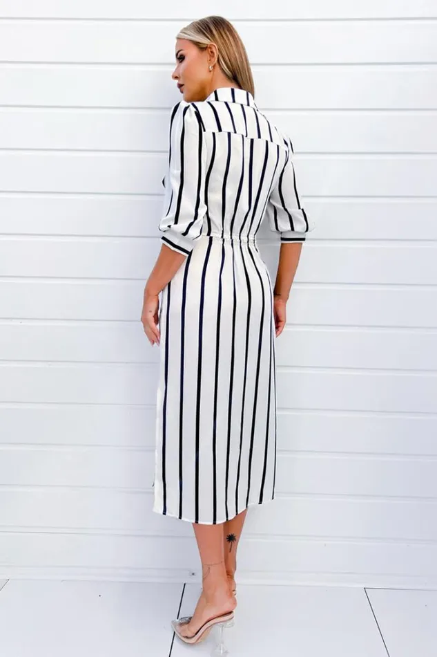 AX Paris Cream And Navy Striped Button Up 34 Sleeve Midi Dress Women Dresses
